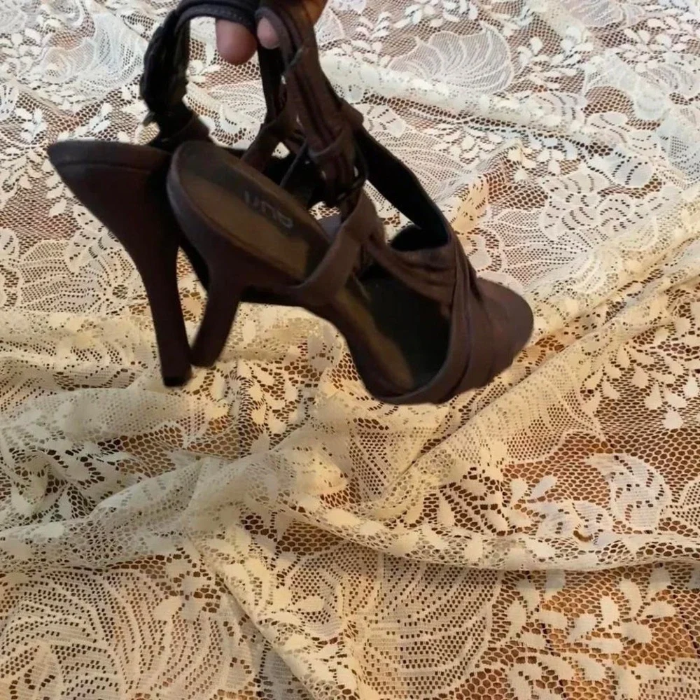 Auri Womens Italian Leather Brown Purple Metallic Peep Toe Stiletto Heels Sz 9 - Picture 6 of 6